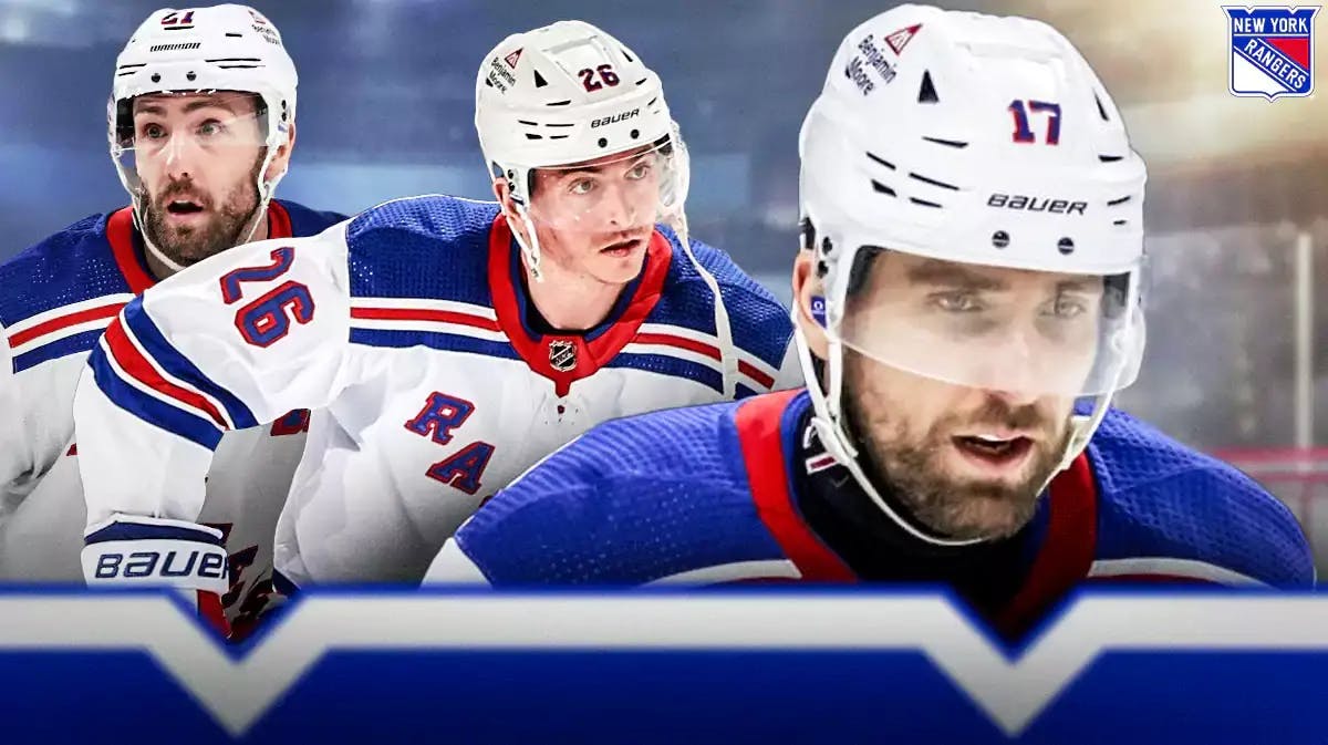 Barclay Goodrow and Jimmy Vesey on either side, Blake Wheeler in middle looking stern, NY Rangers logo, hockey rink in background