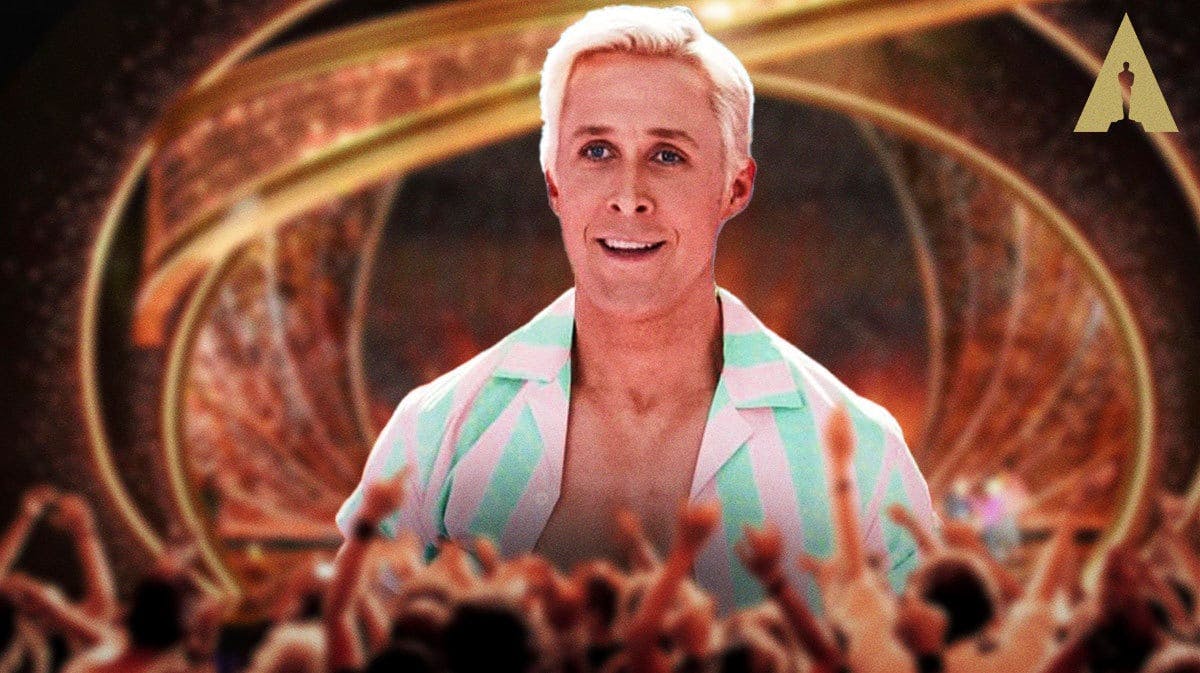 Ryan Gosling as Ken in Barbie and Oscars logo and background.