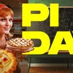 A rom-com movie poster for a fake movie called “Pi Day” modeled after the cheesy Hallmark movie posters with a woman holding pies in a bakery, and a guy who’s a mathematician writing equations on a chalkboard.