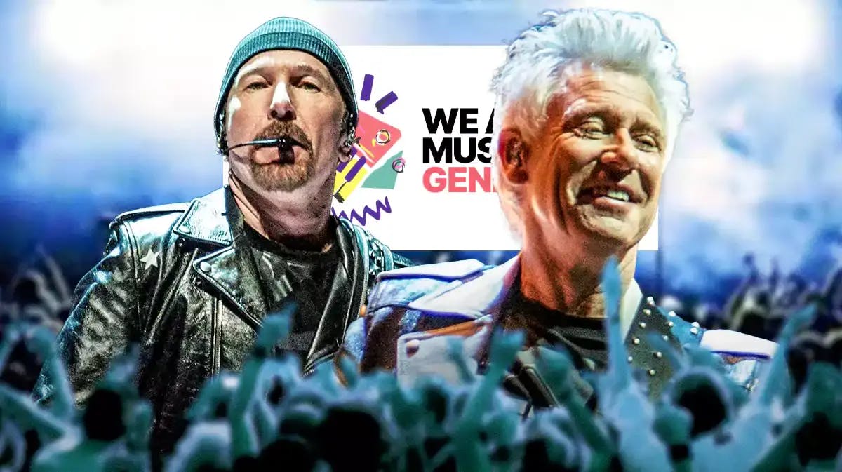U2 members The Edge and Adam Clayton with Music Generation National Conference logo.