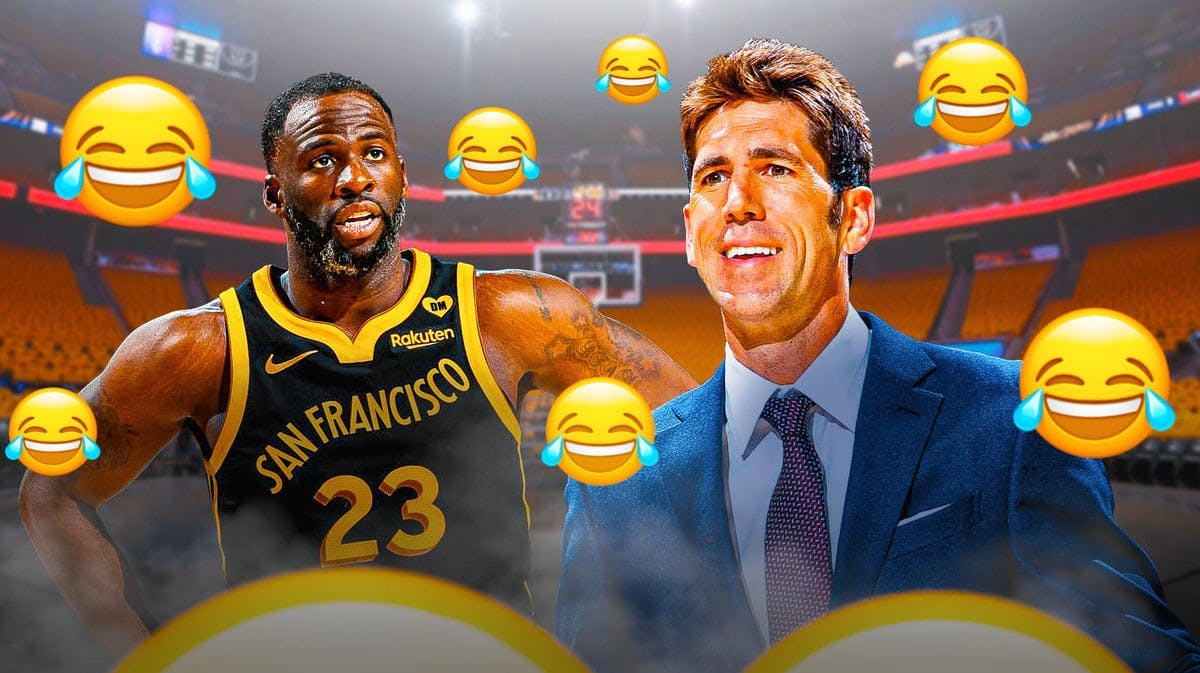 Bob Myers looking happy with Draymond Green (Warriors) looking serious, add laughing emojis in the background