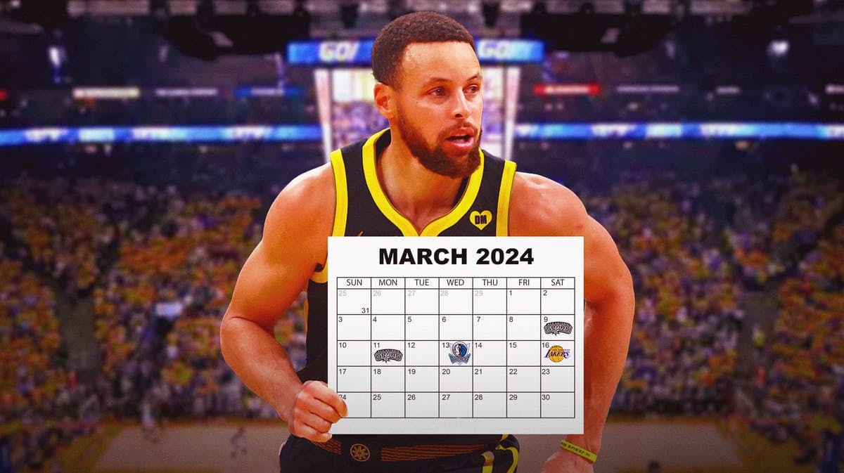Stephen Curry holding a calendar for March 2024. On the calendar, the Spurs logos on March 9 and 11, Mavericks logo on March 13 and Lakers logo on March 16