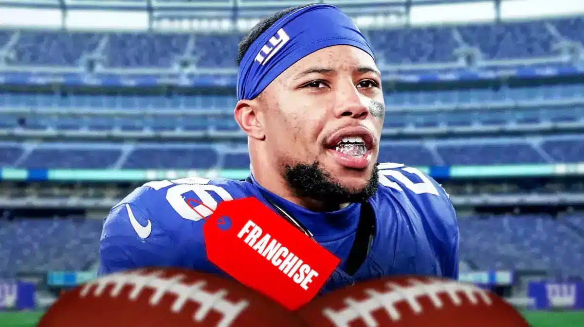 Saquon Barkley with a tag on him that says “FRANCHISE” and a New York Giants background