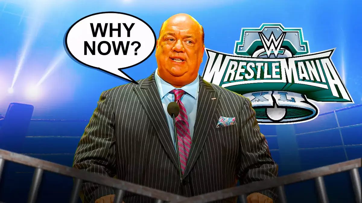 Paul Heyman with a text bubble reading “Why now?” with the WrestleMania 40 logo as the background.