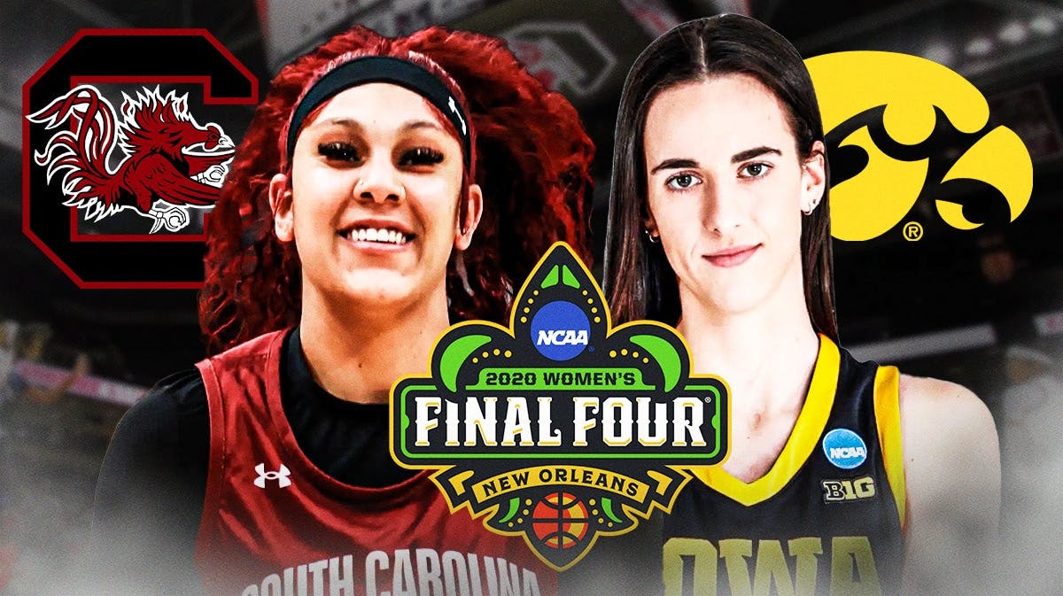 Kamilla Cardoso on one side with South Carolina logo in background. On other side is Caitlin Clark with Iowa logo in background. 2020 women's Final Four logo in front.