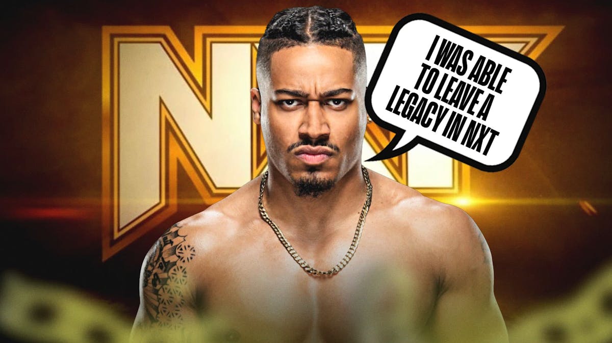 Carmelo Hayes with a text bubble reading "I was able to leave a legacy in NXT" with the NXT logo as the background.