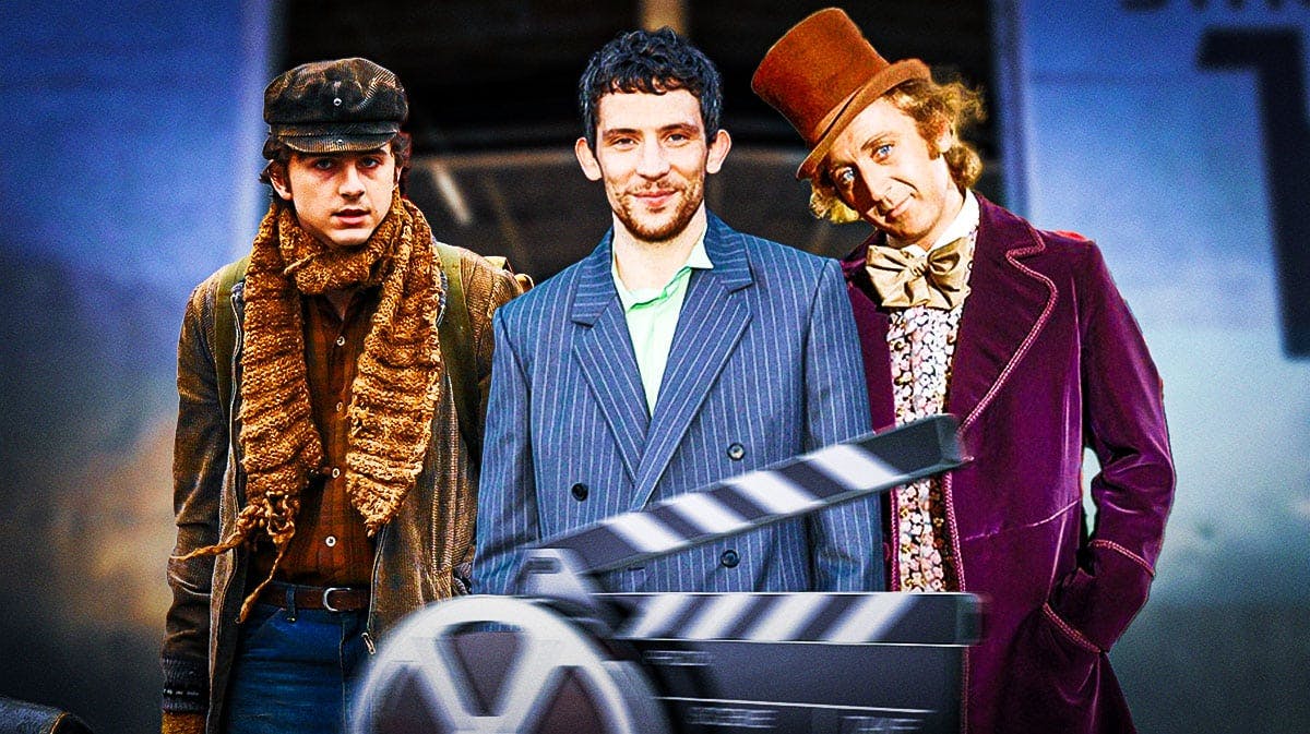 Challengers star Josh O'Connor in between Timothée Chalamet and Gene Wilder as Willy Wonka.