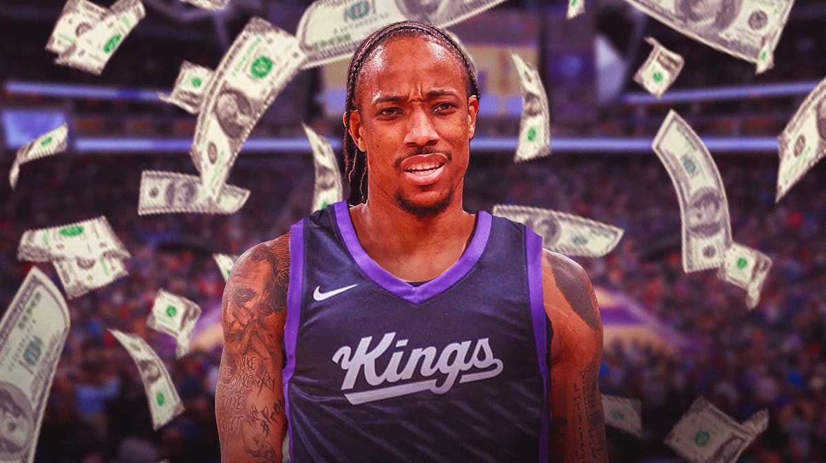 DeMar DeRozan surrounded by piles of cash.