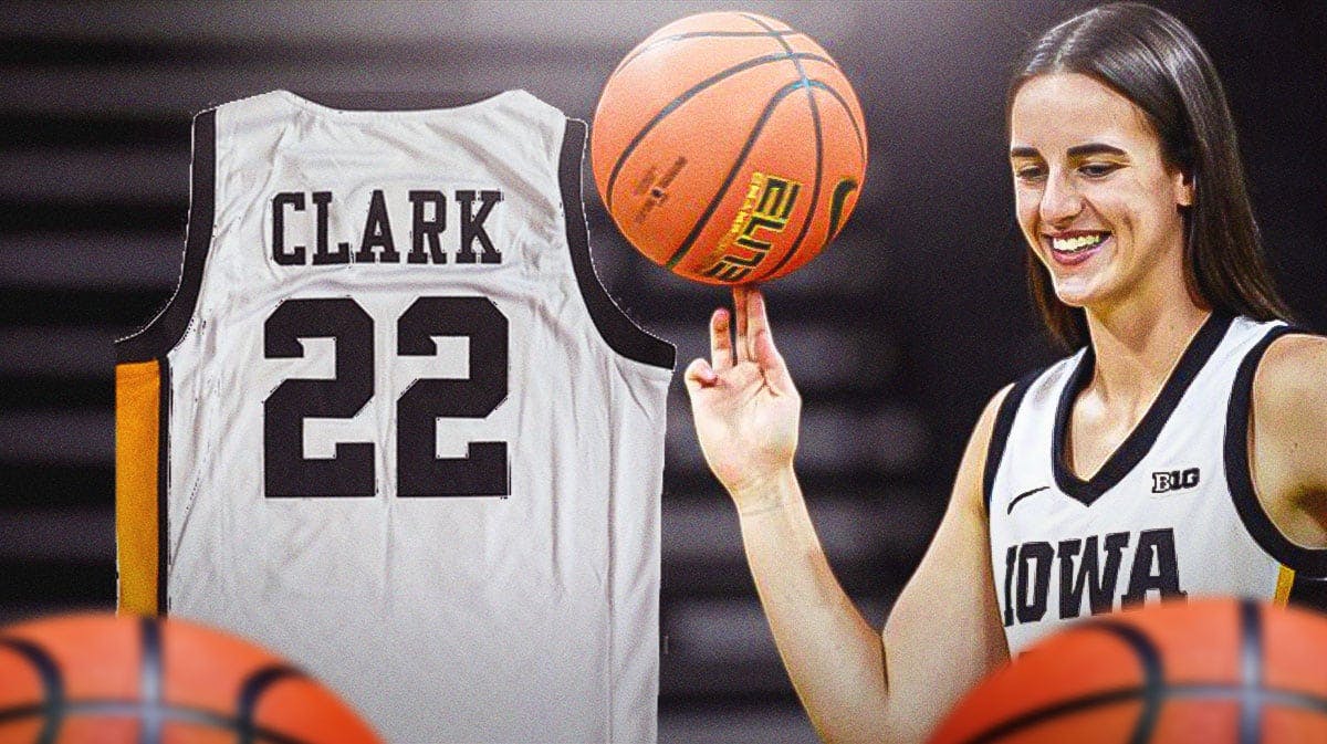 Iowa women's basketball player Caitlin Clark, with her Iowa jersey next to her, as if she is looking at it. (Make sure it is the back of her Jersey, with her name and the No. 22)