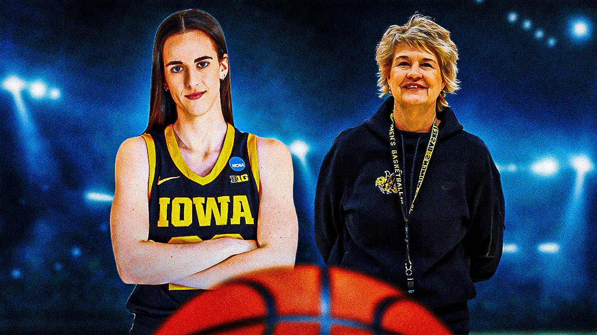 Iowa women's basketball player Caitlin Clark, with a happy expression, and Iowa women's basketball coach Lisa Bluder, also with a happy expression