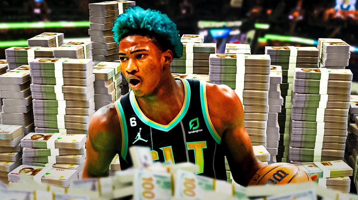 Kai Jones surrounded by piles of cash.