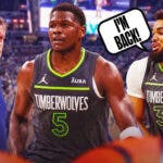 Timberwolves' Karl-Anthony Towns saying "I'm back" next to Chris Finch and Anthony Edwards