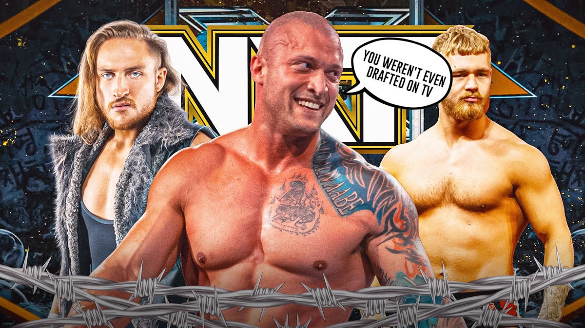 Karrion Kross with a text bubble reading "You weren't even drafted on TV" next to Pete Dunne and Tyler Bate with the NXT logo as the background.