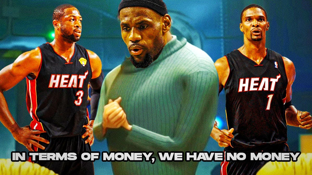 Image: Heat's LeBron James (2010-11 version) as Gru (Despicable Me) in the In terms of money, we have no money meme, with Dwyane Wade and Chris Bosh (2010-11 version) beside him