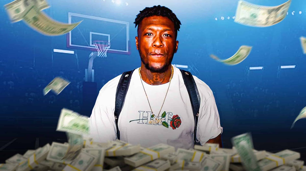 Nate Robinson surrounded by piles of cash.