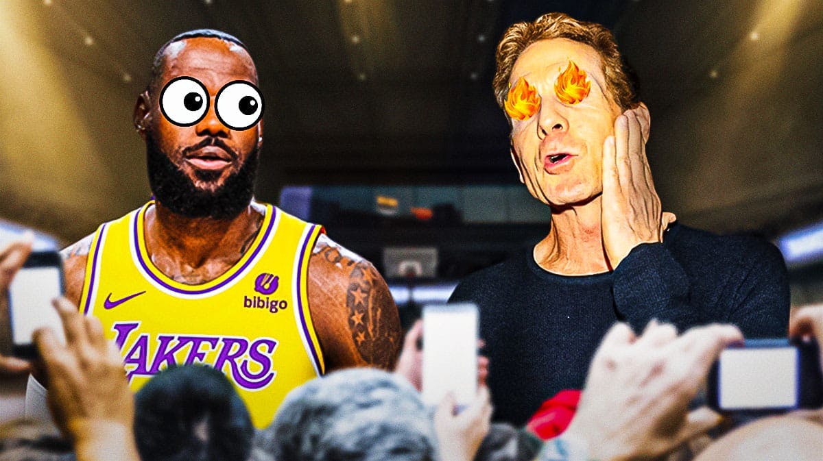Skip Bayless talking with fire in his eyes and LeBron James with eyes popping.