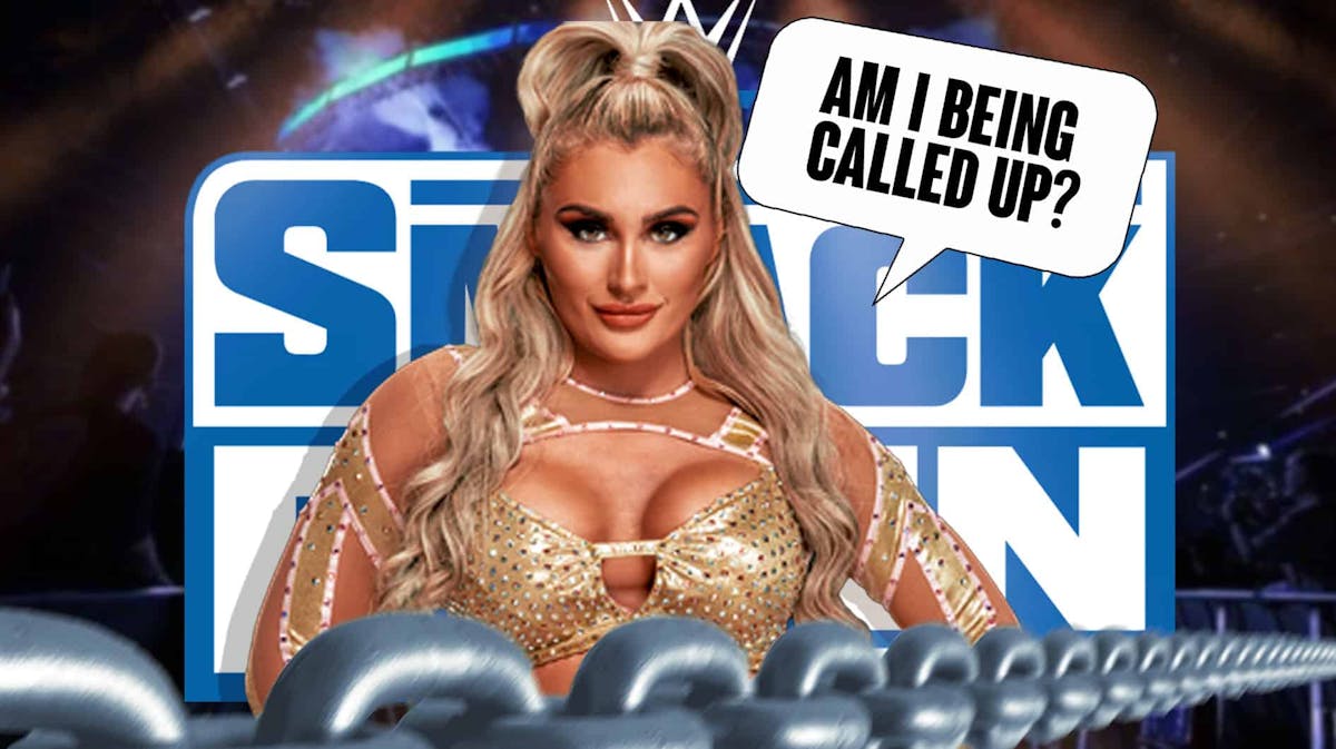 Tiffany Stratton with a text bubble reading "Am I being called up?" with the SmackDown logo as the background.
