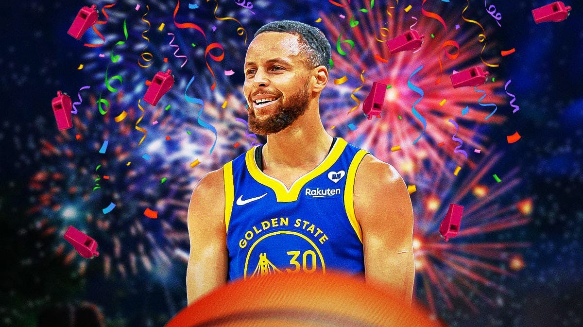 Warriors' Stephen Curry with party poppers, confetti, and fireworks all over him, with whistles falling from the sky