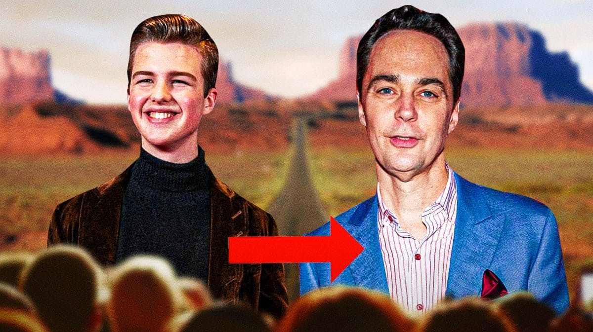 Young Sheldon star Iain Armitage and arrow pointing at Jim Parsons with Texas background.