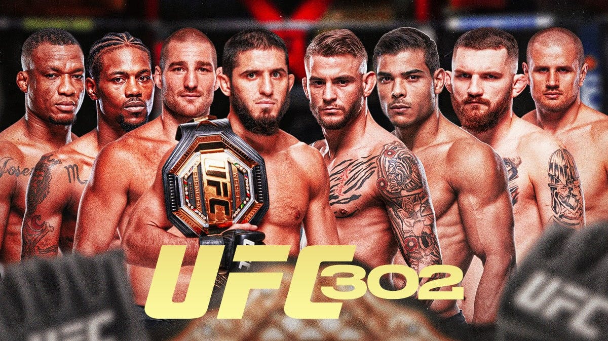 From middle of the graphic going out to the left in order is Islam Makhachev, Sean Strickland, Kevin Holland, Jailton Almeida. From the middle of the graphic going out to the right in order is Dustin Poirier, Paulo Costa, Michal Oleksiejczuk, Alexandr Romanov. "UFC 302" in front of the graphic.