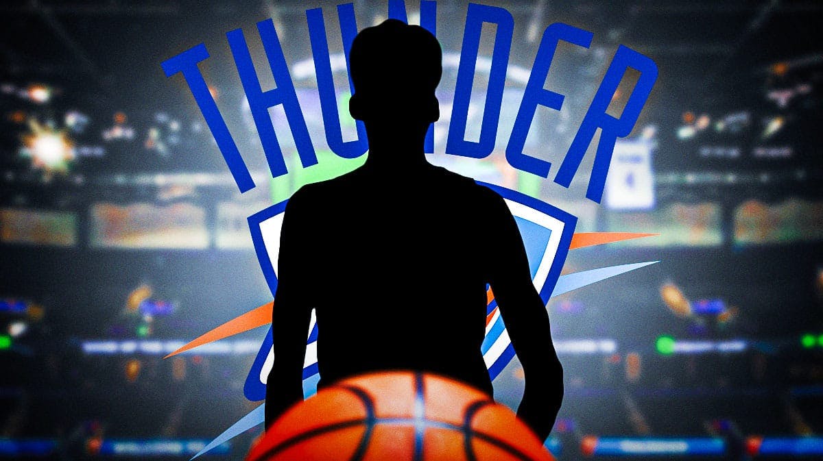A silhouetted OKC Thunder player, 3-5 question marks, OKC Thunder logo, basketball court in background