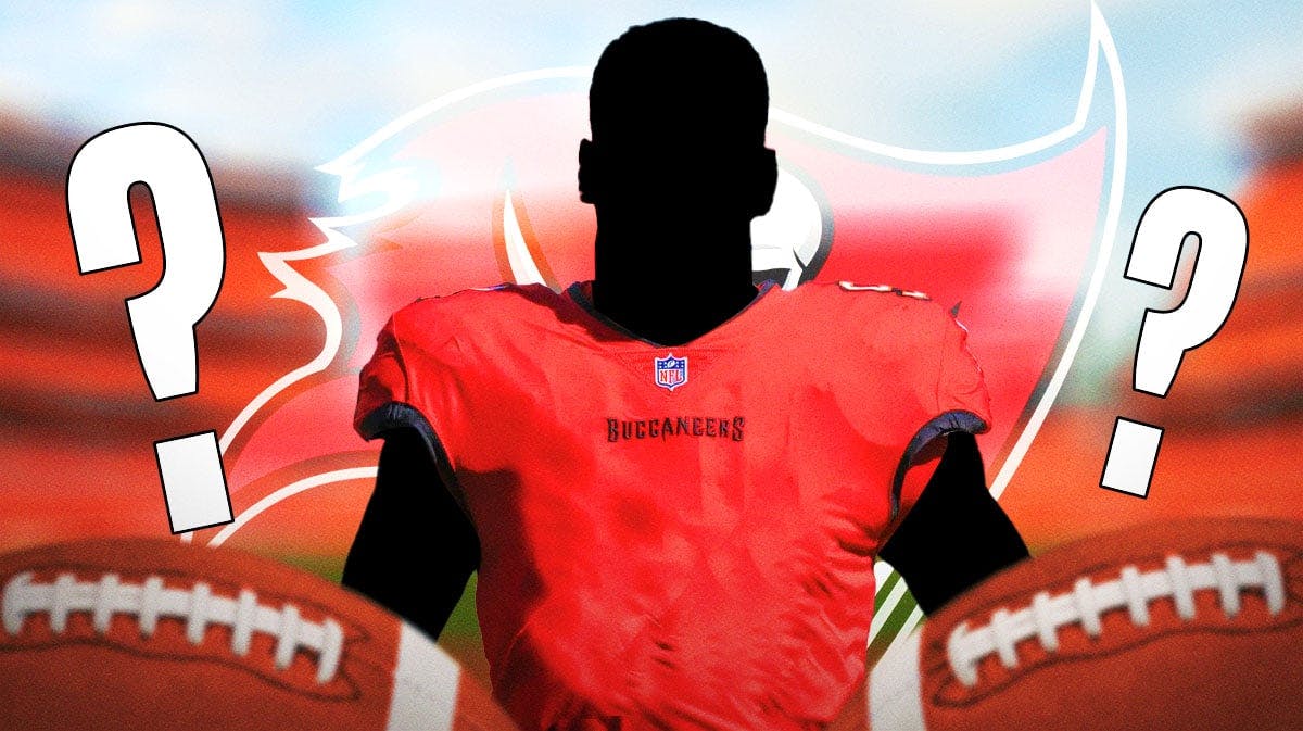 A silhouetted Tampa Bay Buccaneers player, 3-5 question marks, TB Buccaneers logo in image, football field in background