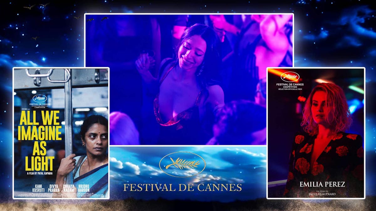 Posters for All We Imagine As Light, Anora, Emilia Pérez; Background; Cannes Film Festival logo