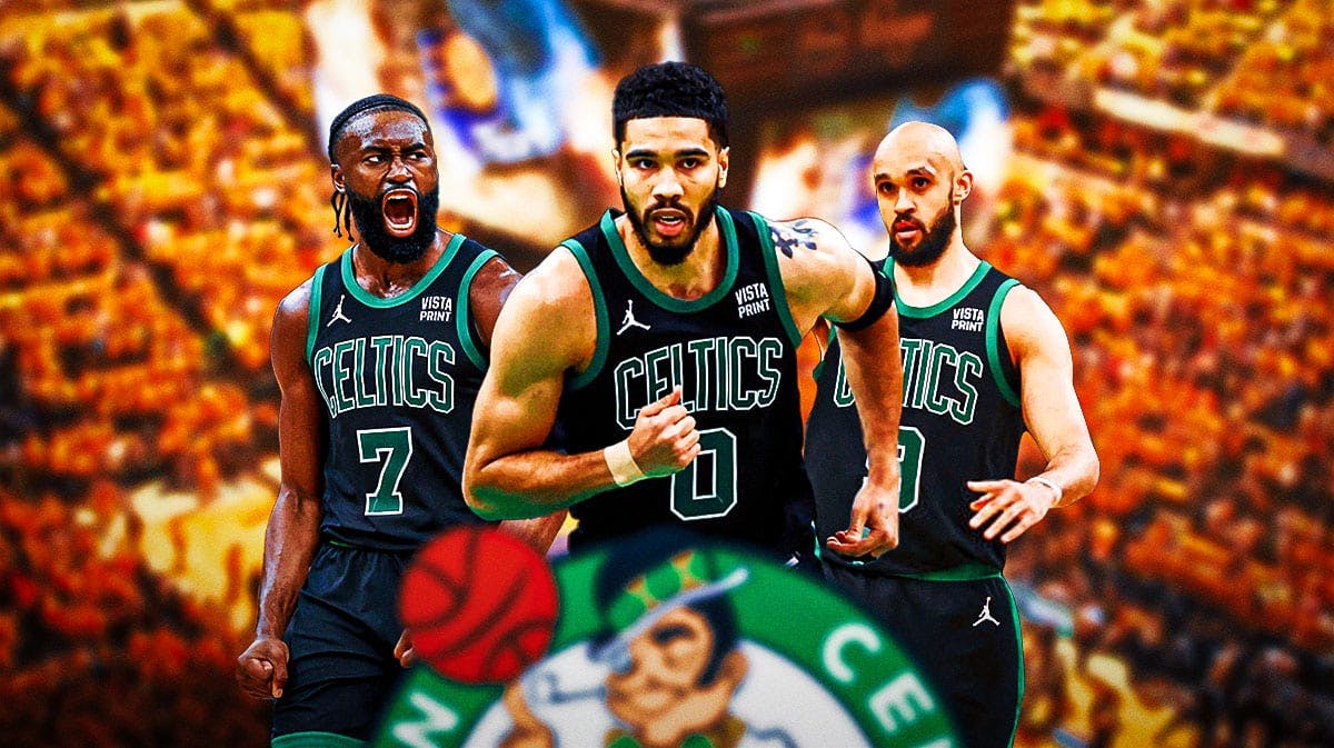 Jaylen Brown, Jayson Tatum, and Derrick White looking hyped on a generic/standard Celtics background