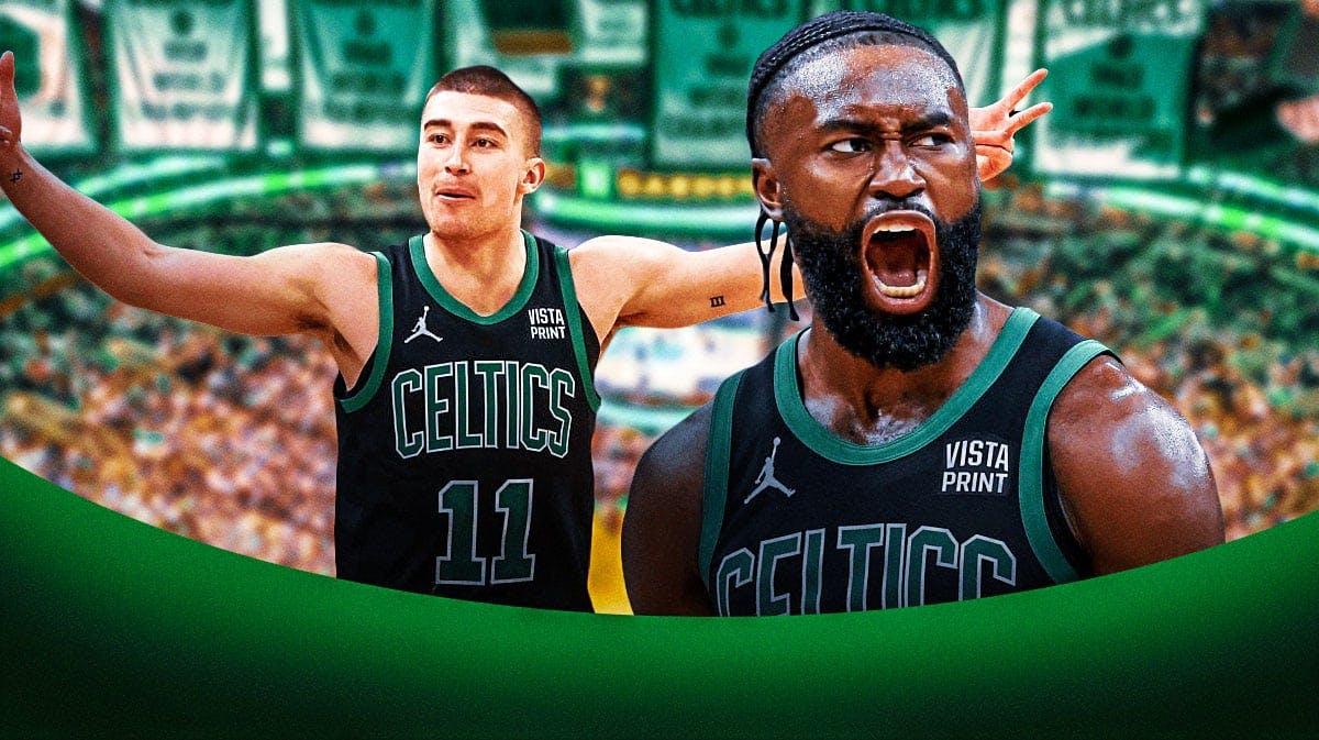 Jaylen Brown and Payton Pritchard looking hyped on a TD Garden or Boston city skyline background