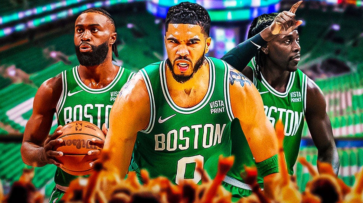 Celtics' Jaylen Brown, Jayson Tatum, and Jrue Holiday looking hyped on a Boston city/ TD Garden background