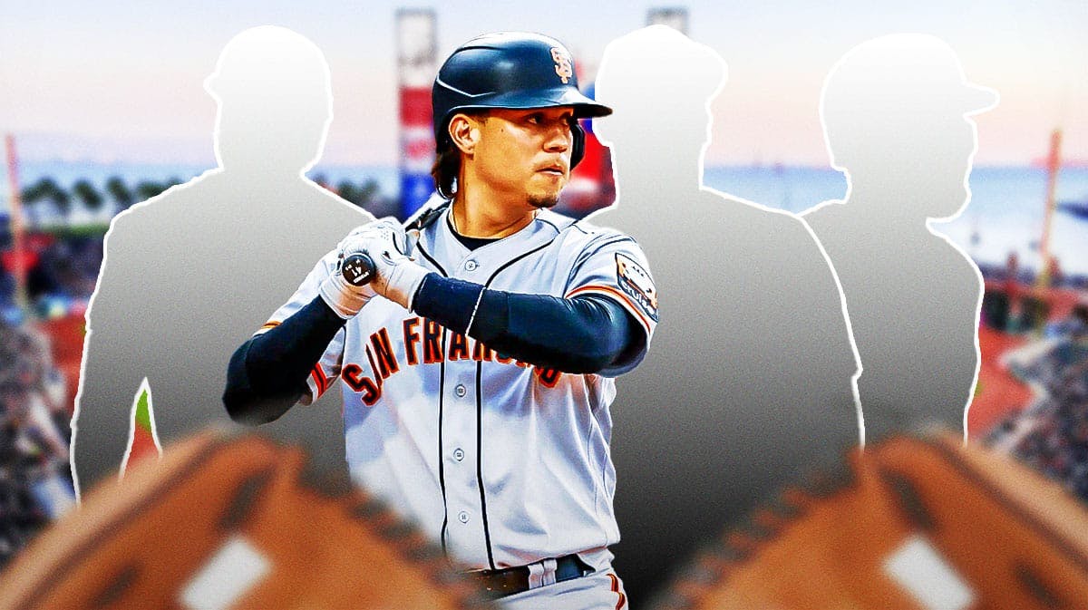 SF Giants Wilmer Flores surrounded by three silhouettes of Blake Snell, Tom Murphy, and Austin Slater