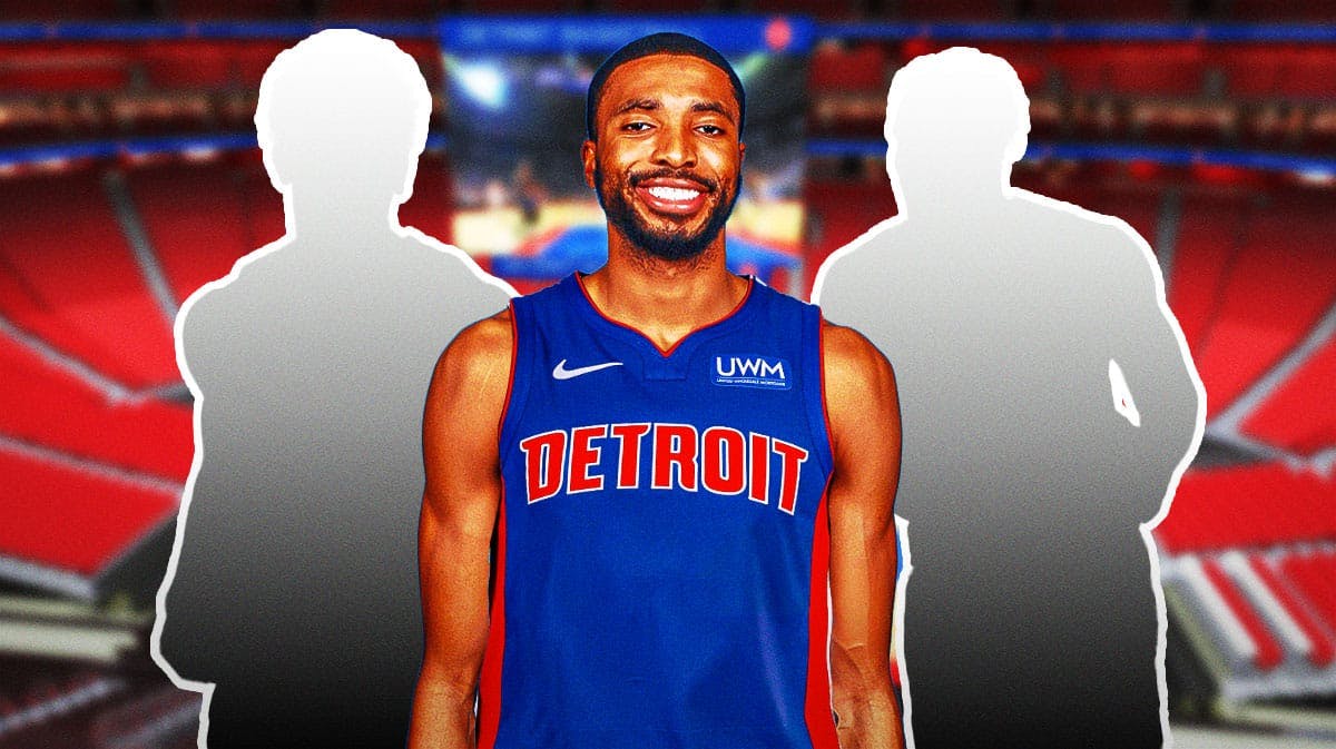 Mikal Bridges in a Pistons jersey with a silhouette of De'Andre Hunter on one side and a silhouette of Kyle Kuzma on the other.