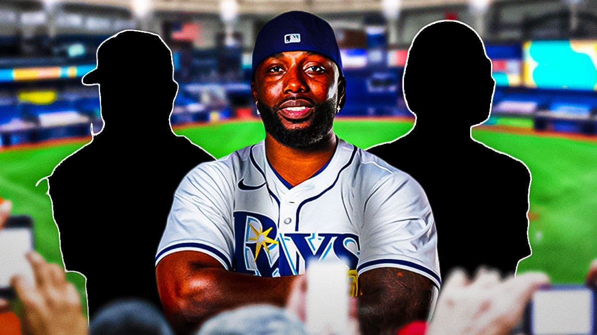 Rays' Randy Arozarena in the middle with a silhouette of Aaron Civale on one side and a silhouette of Jose Siri on the other