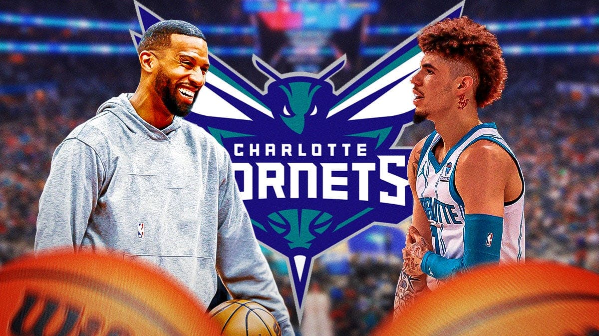 Charles Lee and LaMelo Ball next to a Hornets logo