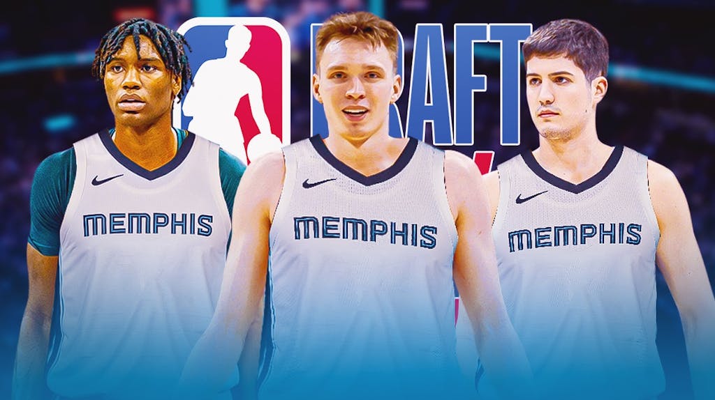 Photo: Reed Sheppard, Dalton Knecht, Ja'Kobe Walter all in Grizzlies jerseys, 2024 NBA Draft logo in background