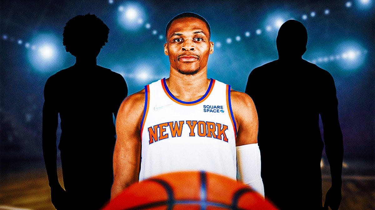 Russell Westbrook in a Knicks' jersey next to a silhouette of Kelly Oubre and a silhouette of Andre Drummond