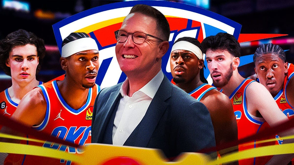 Thunder logo in background. Sam Presti (ideally bigger than everyone else and looking like he is conniving) on one side. On other side is Josh Giddey, Shai Gilgeous-Alexander, Lu Dort, Chet Holmgren, Jalen Williams. Question marks all around the graphic.