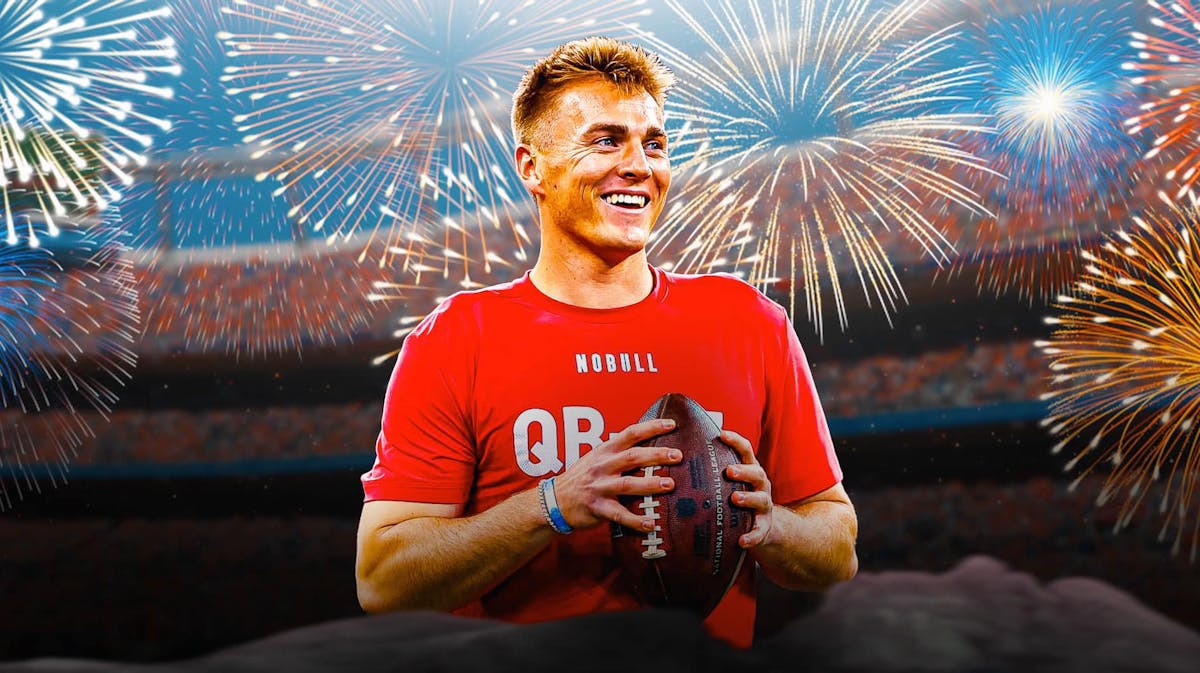 Bo Nix in the middle, Fireworks around him, and Denver Broncos wallpaper in the background