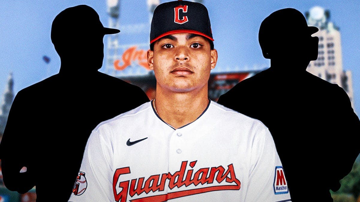 Jesús Luzardo in a Guardians jersey with a silhouette of Tyler O'Neill on one side and a silhouette of Kyle Gibson on the other.