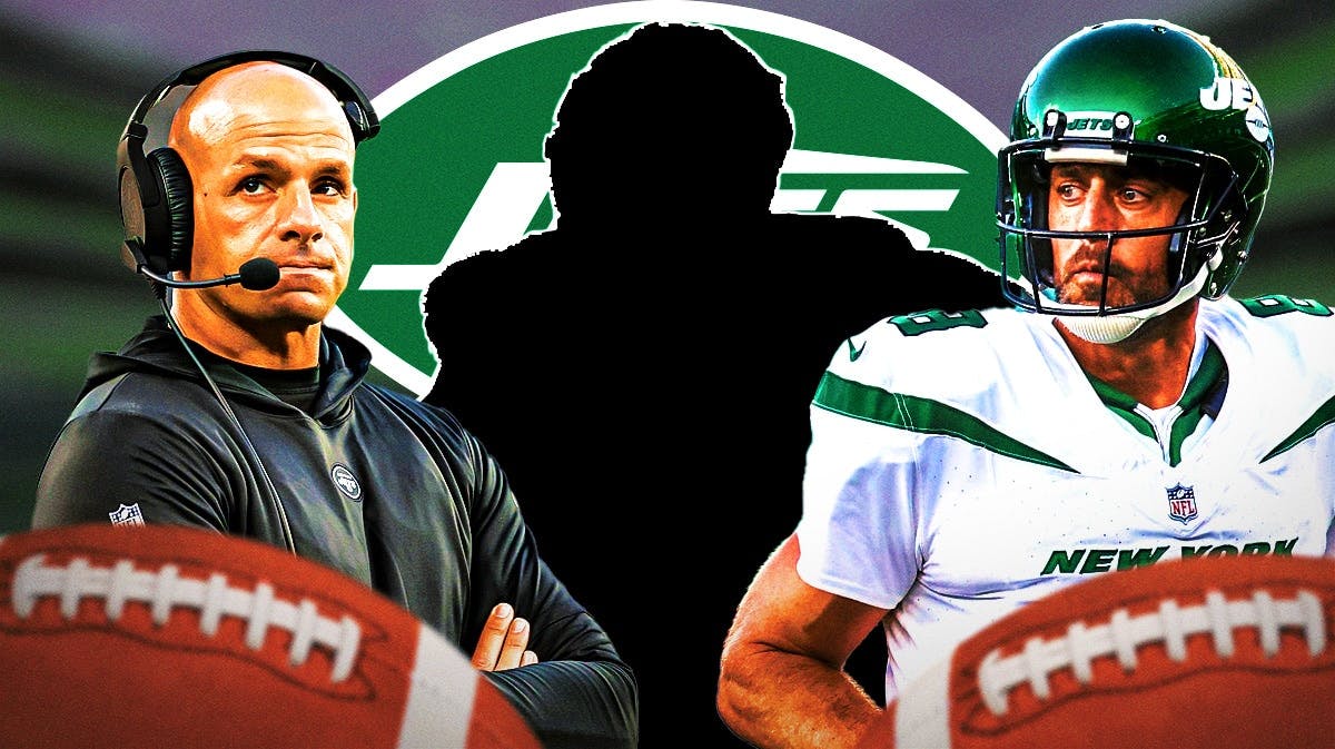 Robert Saleh and Aaron Rodgers with mystery free agent and Jets logo