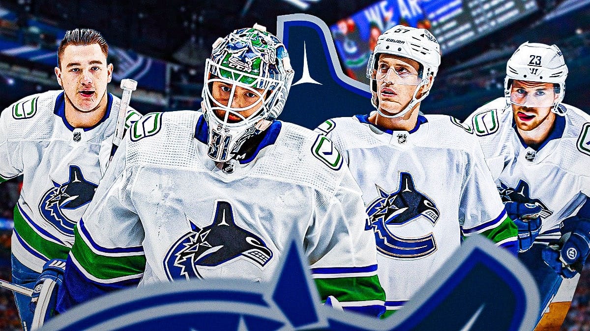 Arturs Silovs, Nikita Zadorov, Tyler Myers and Elias Lindholm in image, Vancouver Canucks logo, hockey rink in background
