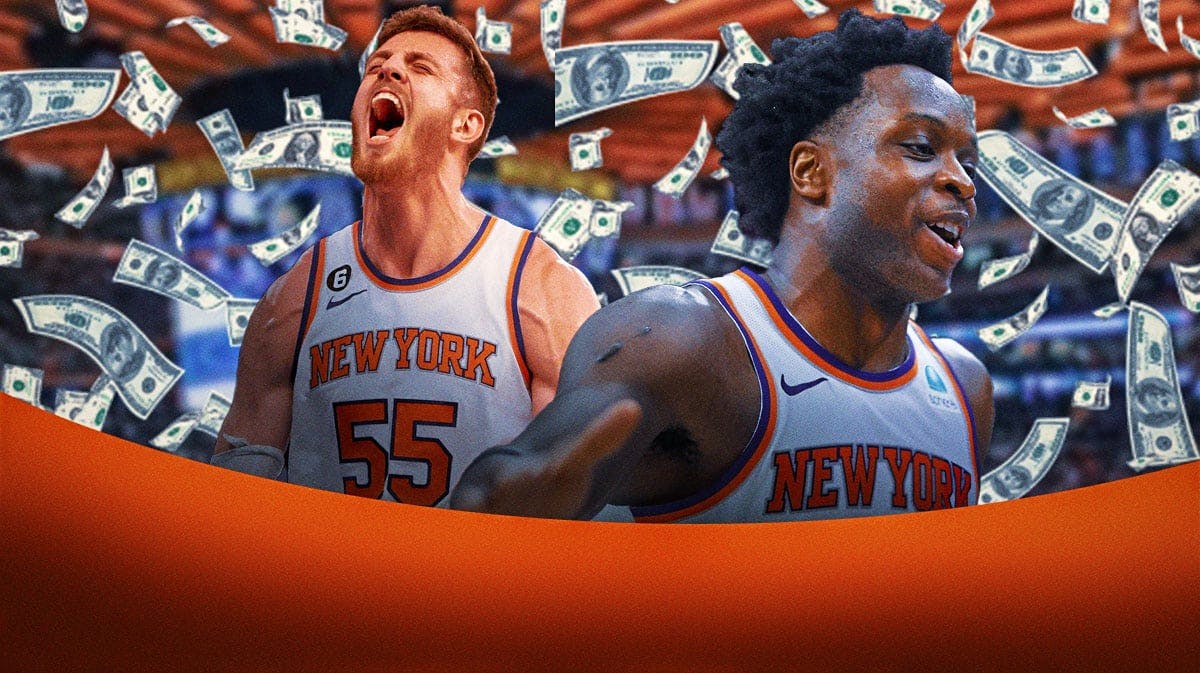 Knicks free agents OG Anunoby smiling and Isaiah Hartenstein shouting with dollar signs and money around them