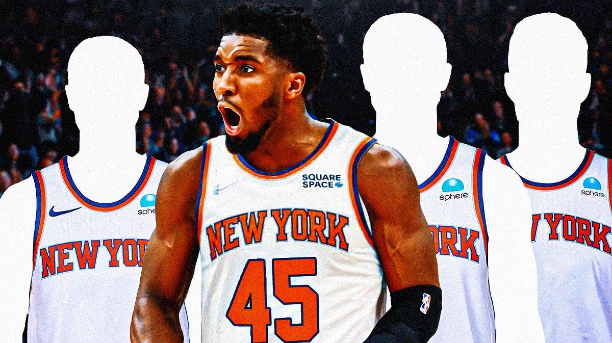 Donovan MItchell in a Knicks jersey with other silhouettes of trade targets