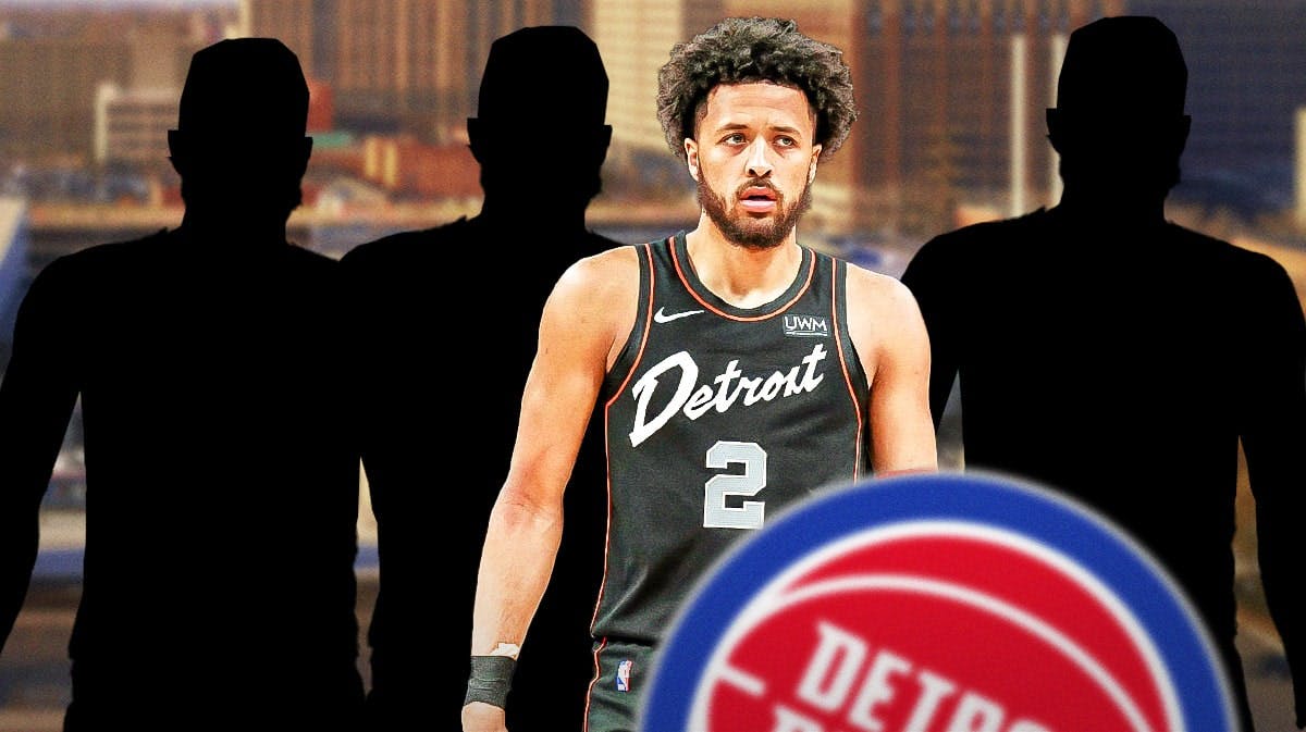 Cade Cunningham in the middle, Three mystery players around him, and Detroit Pistons wallpaper in the background