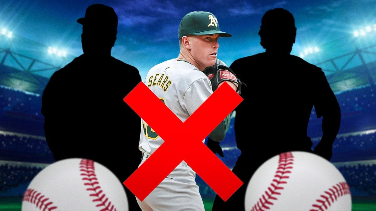 Athletics' trade candidates JP Sears with a big red X over him with a silhouette of Michael Kelly on one side and a silhouette of Abraham Toro on the other.
