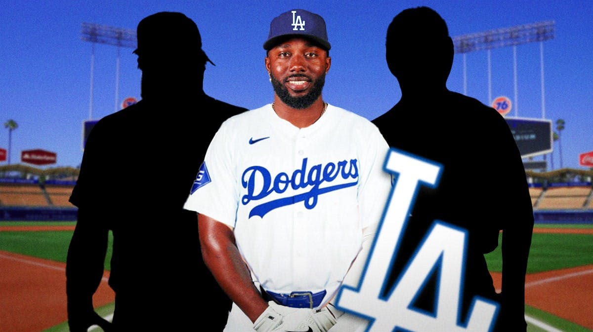 Randy Arozarena in a Dodgers jersey with a silhouette of Kenley Jansen on one side and Harrison Bader on the other.