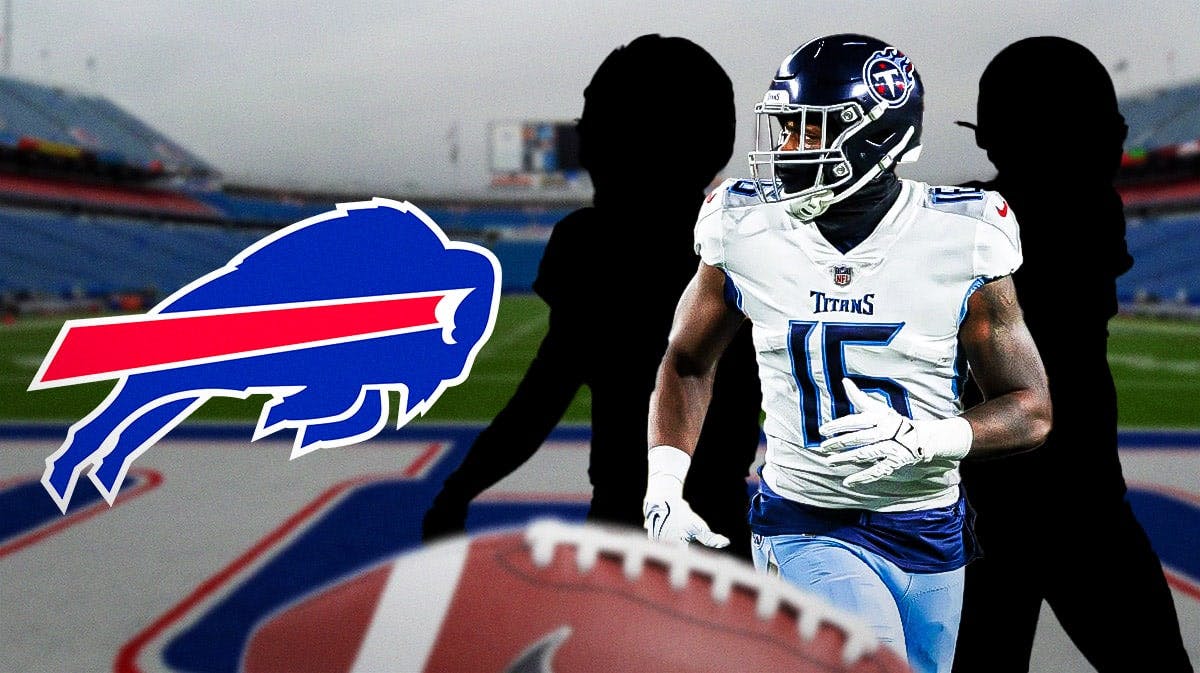 A Buffalo Bills logo next to offseason trade targets Treylon Burks in the middle with a silhouette of Greg Newsome II on one side and a silhouette of Budda Baker on the other.