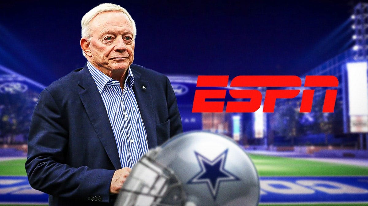 Dallas Cowboys owner Jerry Jones next to the ESPN log