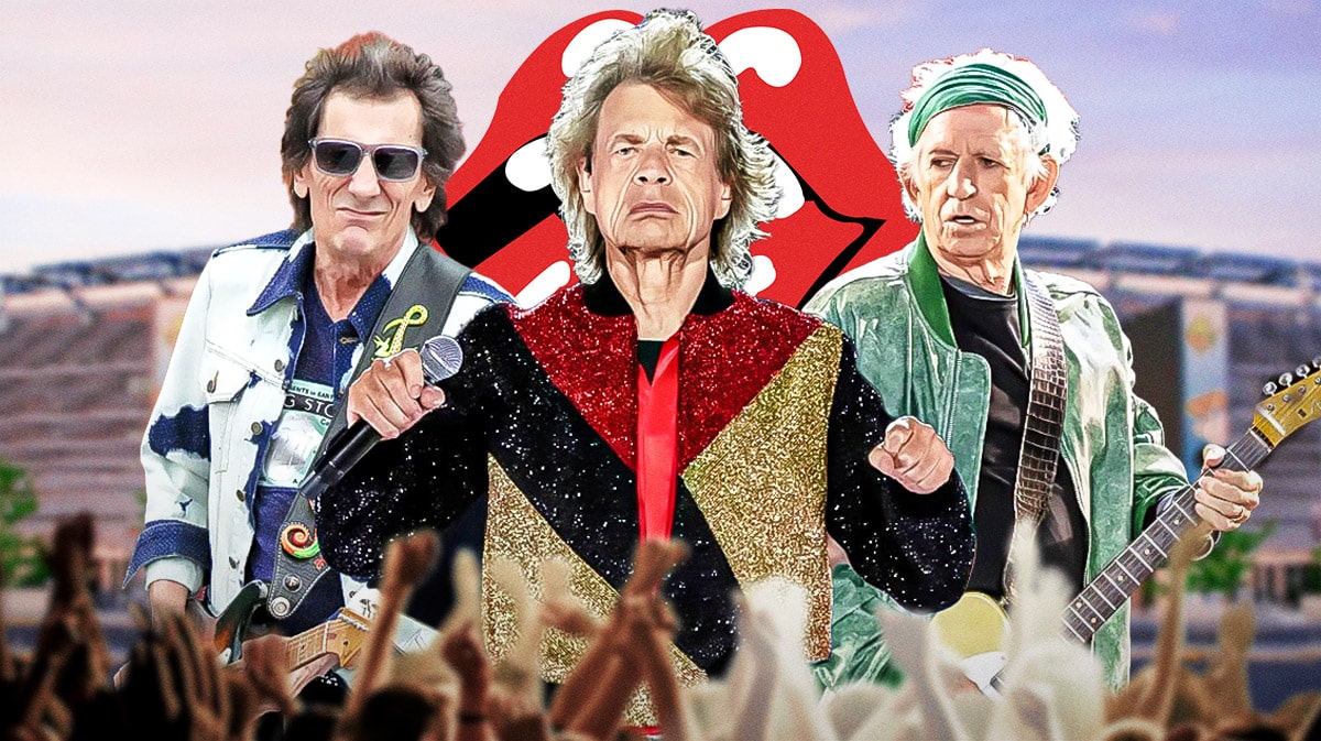 The Rolling Stones logo with Ronnie Wood, Mick Jagger, and Keith Richards in front of MetLife Stadium, where 5/23/24 show on Hackney Diamonds tour took place.