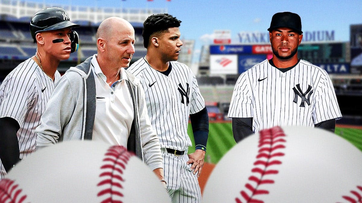 Yankees' Brian Cashman, Aaron Judge, Juan Soto looking at Rockies' Elias Diaz in a Yankees jersey